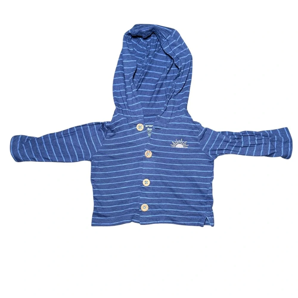 Carter's 2 Piece Outfit Baby Boy 3M Blue Striped Hooded Pants Set Sun Embroidery